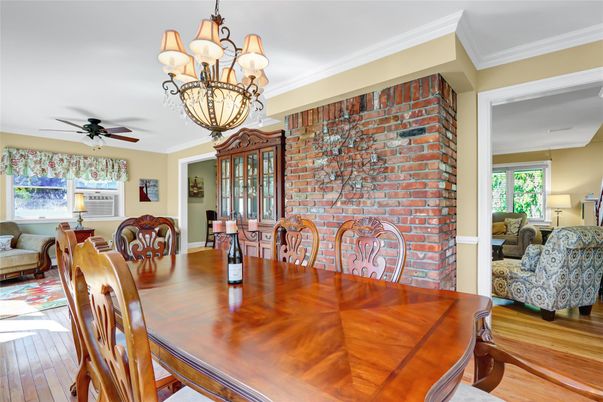 Chandelier, Dining room, Interior, Stone Walls, Wood Texture Flooring