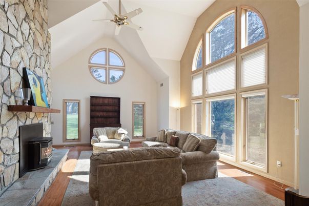 Fireplace, Interior, Living room, Stone Walls, Wood Texture Flooring