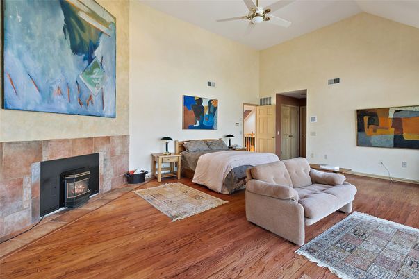 Bedroom, Fireplace, Interior, Wood Texture Flooring
