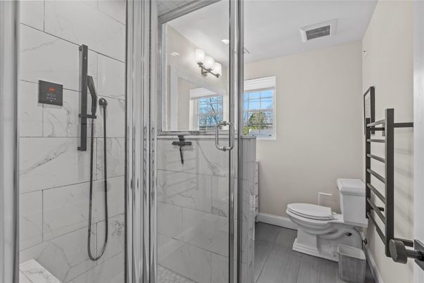 Bathroom, Glass Shower, Interior, Marble Walls, Wood Texture Flooring