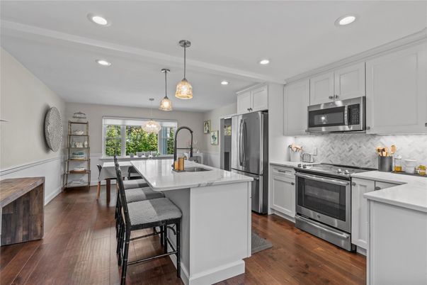Interior, Kitchen, Pendant Lights, Recessed Lighting, Stainless Steel Appliances, Wood Texture Flooring