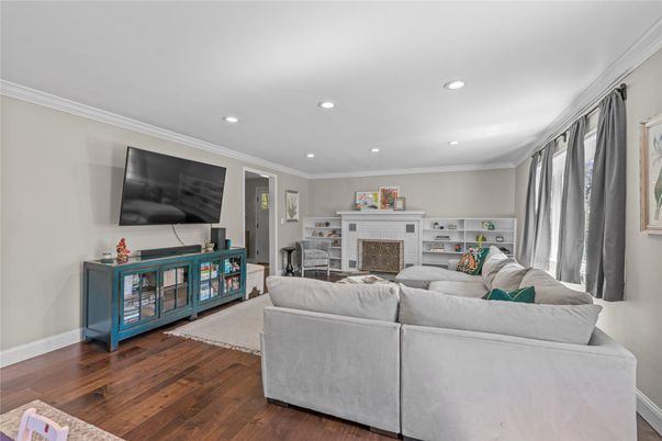Fireplace, Interior, Living room, Recessed Lighting, Wood Texture Flooring