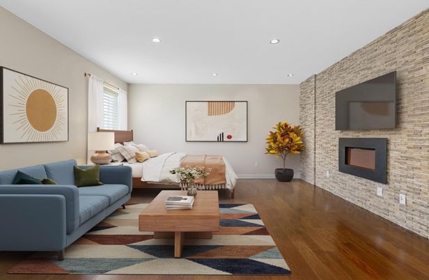 Bedroom, Fireplace, Interior, Living room, Recessed Lighting, Stone Walls, Wood Texture Flooring