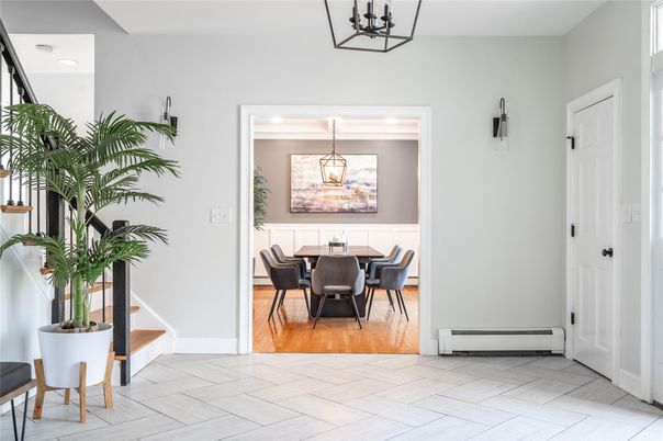 Dining room, Interior, Pendant Lights, Wood Texture Flooring