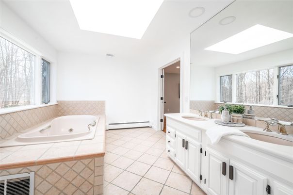 Bathroom, Dual Sink Vanities, Interior, Recessed Lighting, Tile Countertops