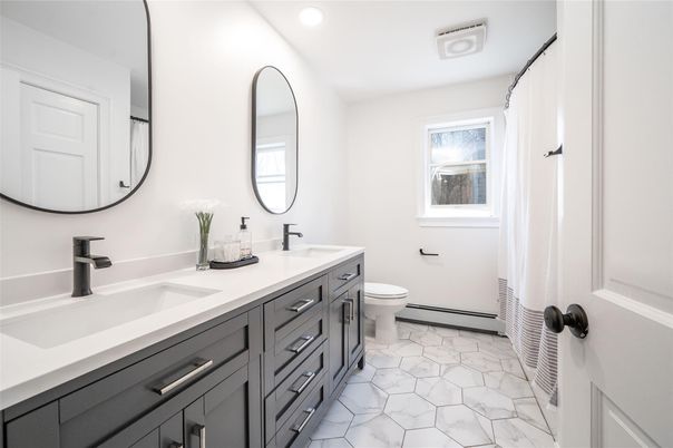 Bathroom, Dual Sink Vanities, Interior, Marble, Recessed Lighting