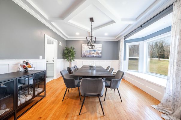 Dining room, Interior, Pendant Lights, Recessed Lighting, Wood Texture Flooring