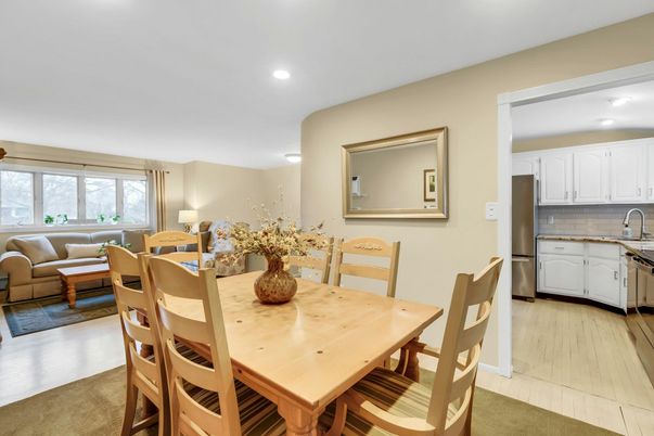 Dining room, Interior, Kitchen, Living room, Recessed Lighting, Wood Texture Flooring