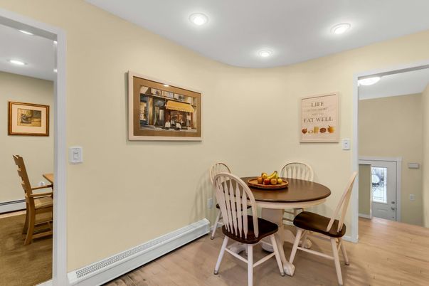 Dining room, Interior, Recessed Lighting, Wood Texture Flooring