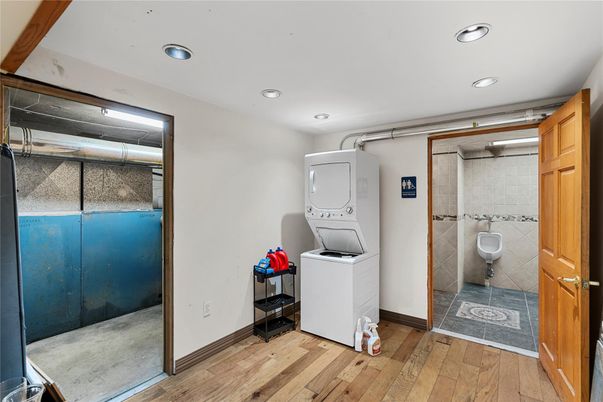 Bathroom, Interior, Recessed Lighting, Utility Closets, Washer, Wood Texture Flooring