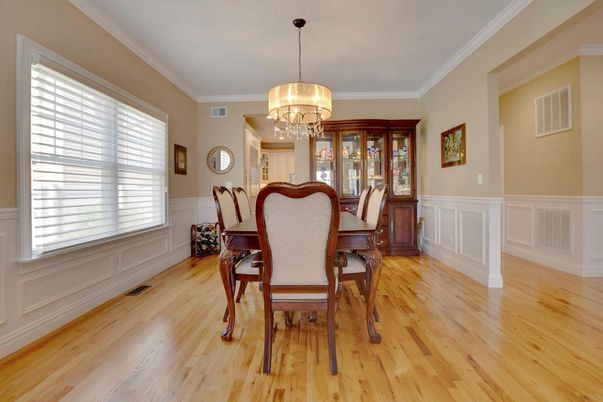 Chandelier, Dining room, Interior, Wood Texture Flooring