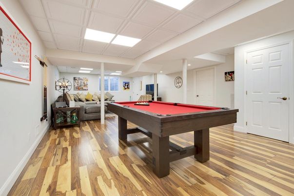 Billiard Table, Game Room, Interior, Recessed Lighting, Wood Texture Flooring