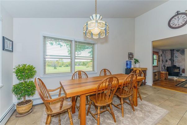 Dining room, Fireplace, Interior, Pendant Lights, Stone Walls