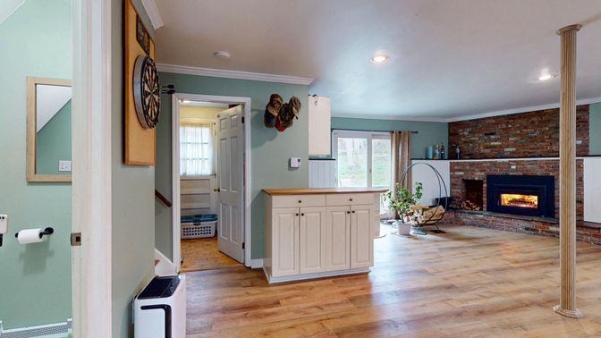 Fireplace, Interior, Recessed Lighting, Stone Walls, Wood Texture Flooring