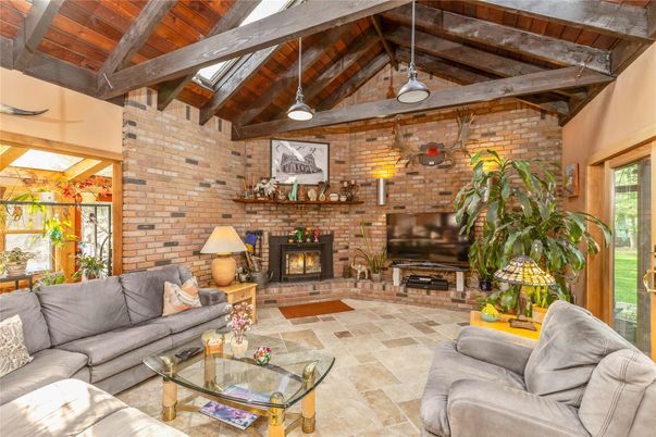 Fireplace, Interior, Living room, Pendant Lights, Stone Walls, Wooden Beams, Wooden Ceilings