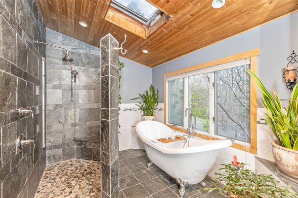 Bathroom, Free Standing Baths, Glass Shower, Interior, Recessed Lighting, Wooden Ceilings