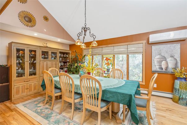 Dining room, Interior, Pendant Lights, Recessed Lighting, Wood Texture Flooring