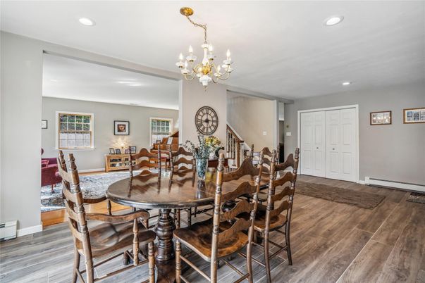 Chandelier, Dining room, Interior, Recessed Lighting, Wood Texture Flooring
