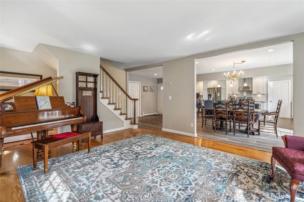 Chandelier, Dining room, Interior, Piano, Recessed Lighting, Wood Texture Flooring