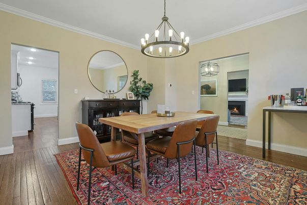 Chandelier, Dining room, Fireplace, Interior, Pendant Lights, Wood Texture Flooring