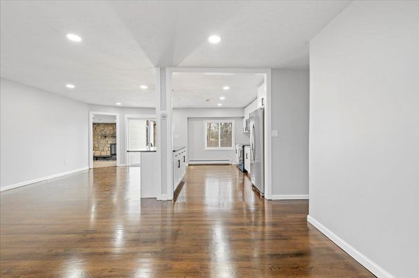 Empty room, Interior, Kitchen, Recessed Lighting, Wood Texture Flooring