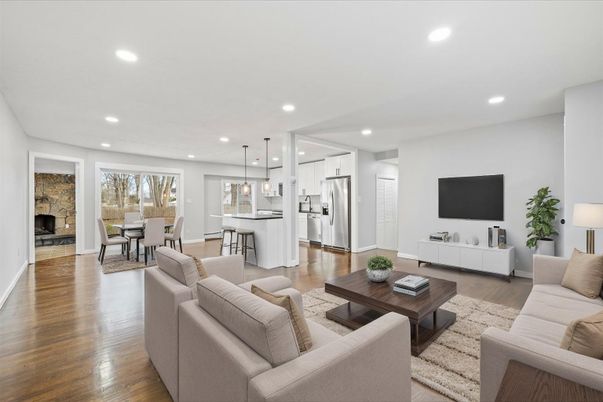 Dining room, Fireplace, Interior, Kitchen, Living room, Pendant Lights, Recessed Lighting, Stainless Steel Appliances, Wood Texture Flooring