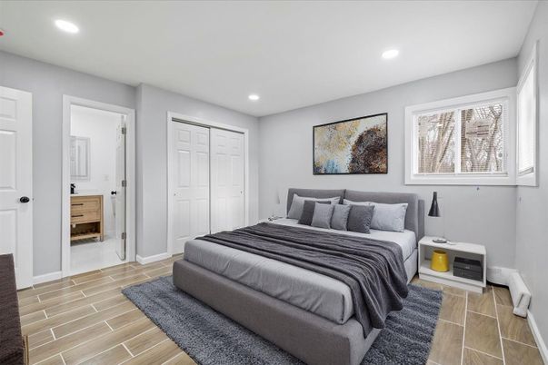 Bedroom, Interior, Recessed Lighting, Wood Texture Flooring