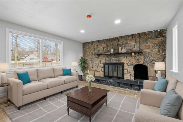 Fireplace, Interior, Living room, Recessed Lighting, Stone Walls