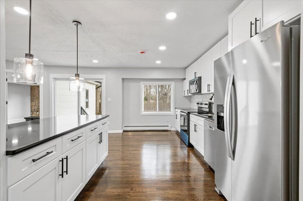Interior, Kitchen, Pendant Lights, Recessed Lighting, Stainless Steel Appliances, Wood Texture Flooring