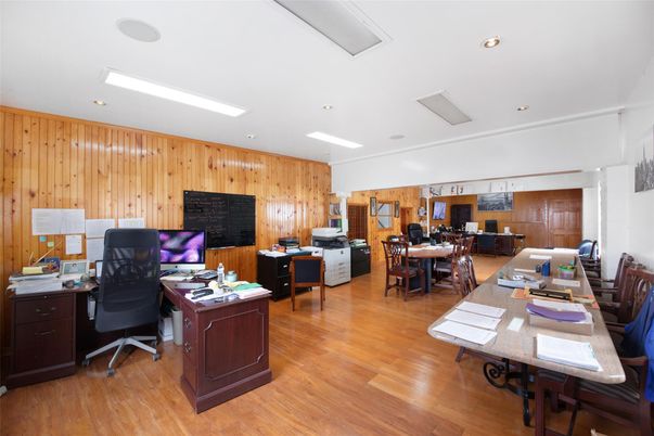 Home Office, Interior, Recessed Lighting, Wood Texture Flooring, Wooden Walls