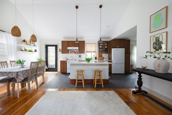 Dining room, Interior, Kitchen, Pendant Lights, Wood Texture Flooring