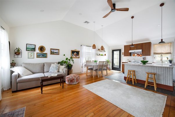 Dining room, Interior, Kitchen, Living room, Pendant Lights, Wood Texture Flooring