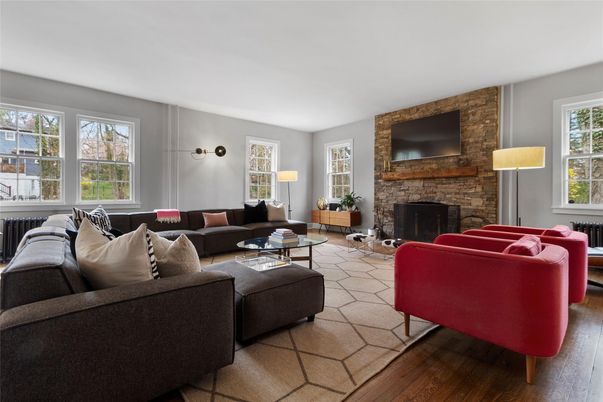 Fireplace, Interior, Living room, Stone Walls, Wood Texture Flooring