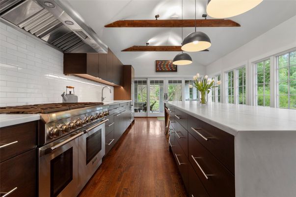 Interior, Kitchen, Pendant Lights, Stainless Steel Appliances, Wooden Beams, Wood Texture Flooring