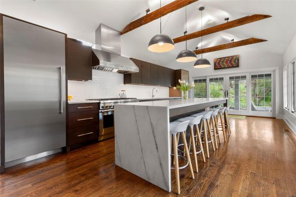 Interior, Kitchen, Pendant Lights, Recessed Lighting, Stainless Steel Appliances, Wooden Beams, Wood Texture Flooring