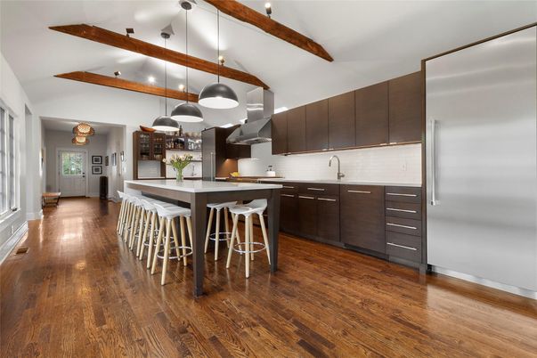Interior, Kitchen, Pendant Lights, Stainless Steel Appliances, Wooden Beams, Wood Texture Flooring