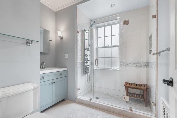 Bathroom, Glass Shower, Interior, Marble, Recessed Lighting