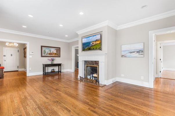 Empty room, Fireplace, Interior, Recessed Lighting, Wood Texture Flooring