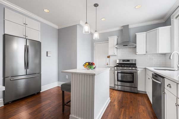 Interior, Kitchen, Pendant Lights, Recessed Lighting, Stainless Steel Appliances, Wood Texture Flooring
