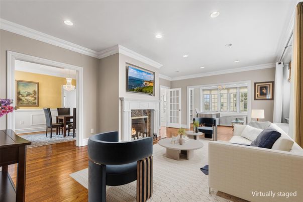 Dining room, Fireplace, Interior, Living room, Pendant Lights, Recessed Lighting, Wood Texture Flooring