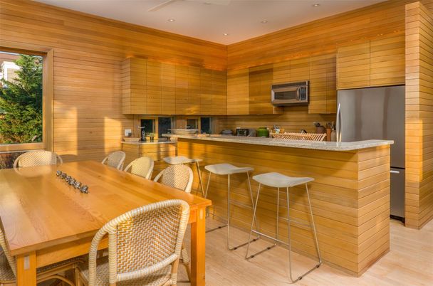 Dining room, Interior, Kitchen, Recessed Lighting, Wood Texture Flooring, Wooden Walls
