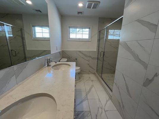 Bathroom, Glass Shower, Interior, Marble, Marble Walls, Recessed Lighting