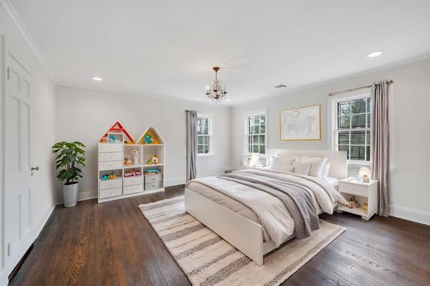 Bedroom, Chandelier, Interior, Recessed Lighting, Wood Texture Flooring