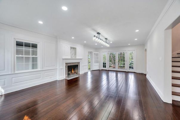 Empty room, Fireplace, Interior, Pendant Lights, Recessed Lighting, Wood Texture Flooring