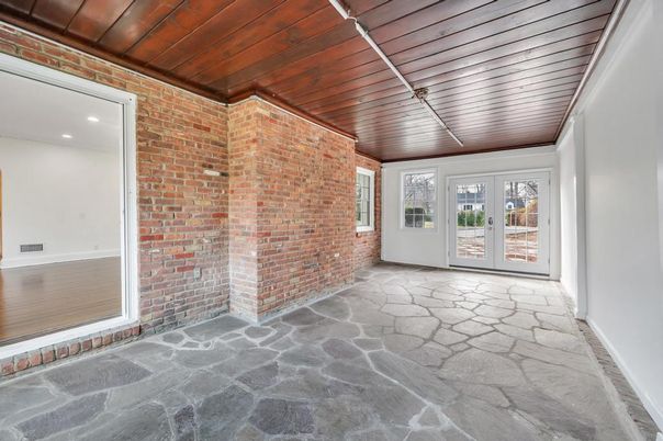 Empty room, Interior, Recessed Lighting, Stone Walls, Wooden Ceilings