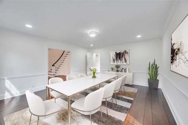 Dining room, Interior, Recessed Lighting, Wood Texture Flooring