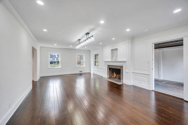 Chandelier, Empty room, Fireplace, Interior, Pendant Lights, Recessed Lighting, Wood Texture Flooring