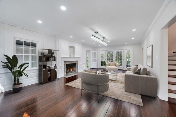 Fireplace, Interior, Living room, Pendant Lights, Recessed Lighting, Wood Texture Flooring