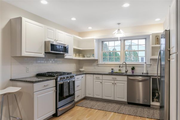 Interior, Kitchen, Recessed Lighting, Stainless Steel Appliances, Wood Texture Flooring