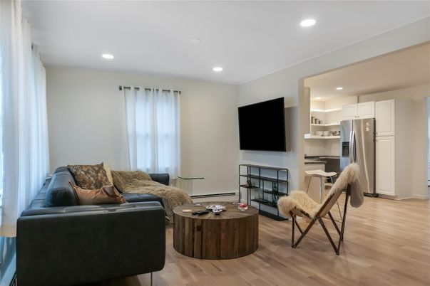 Interior, Kitchen, Living room, Recessed Lighting, Stainless Steel Appliances, Wood Texture Flooring